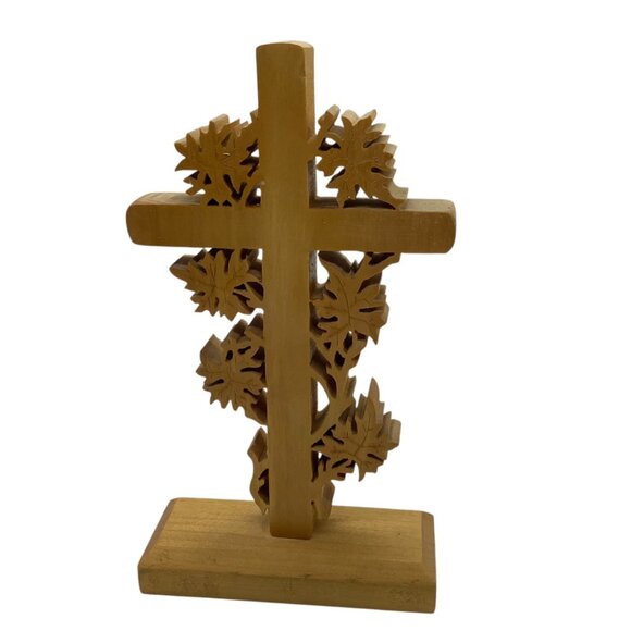 Vtg Easter Rustic Handcrafted Wooden Cross With Vine Detailing 8.25” x 4.75” - Picture 2 of 5